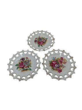 Vintage ESD Japan Pierced Floral Porcelain Plates Gold Trim Set of 3